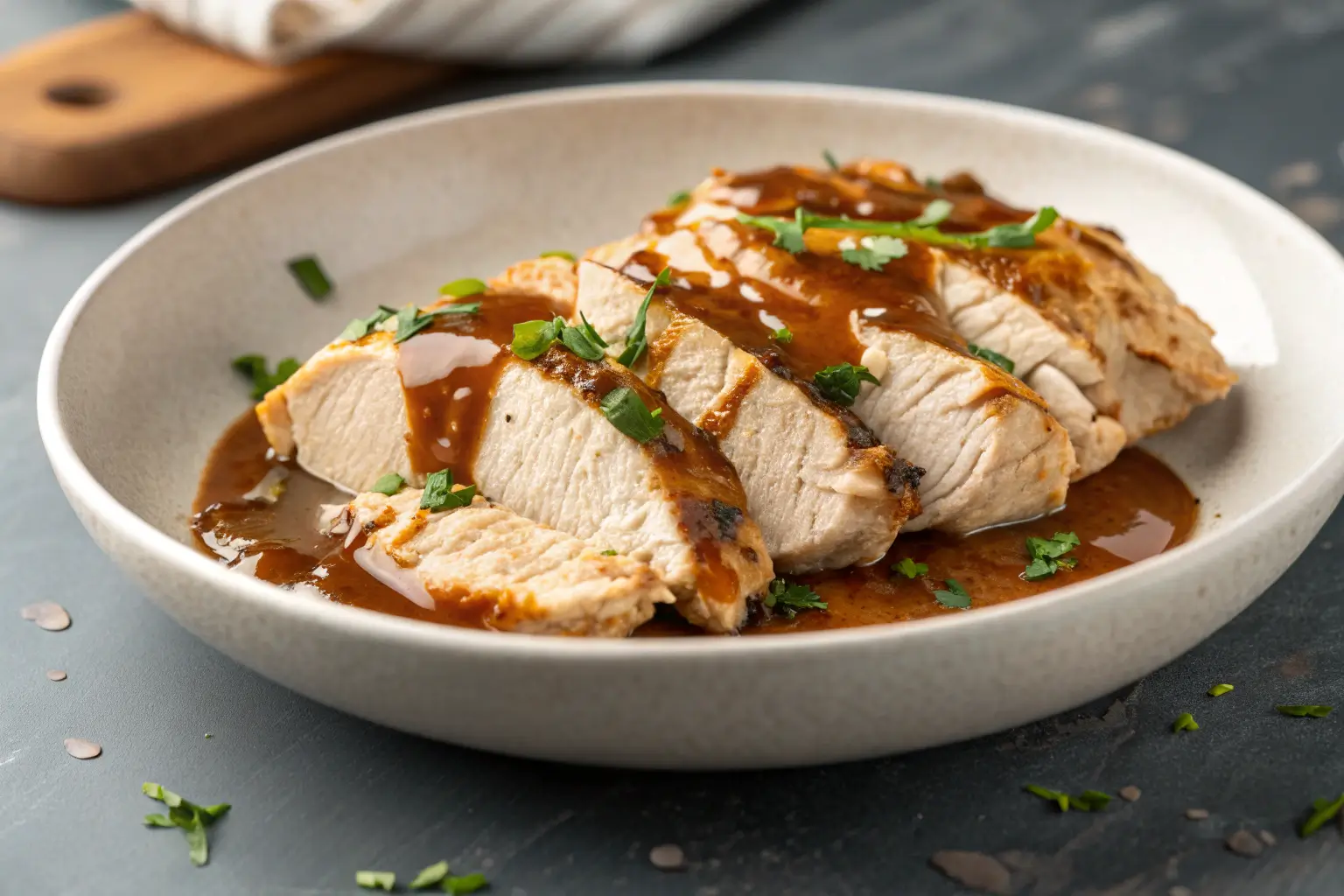 Shredded chicken breasts with gravy on a gray concrete surface
