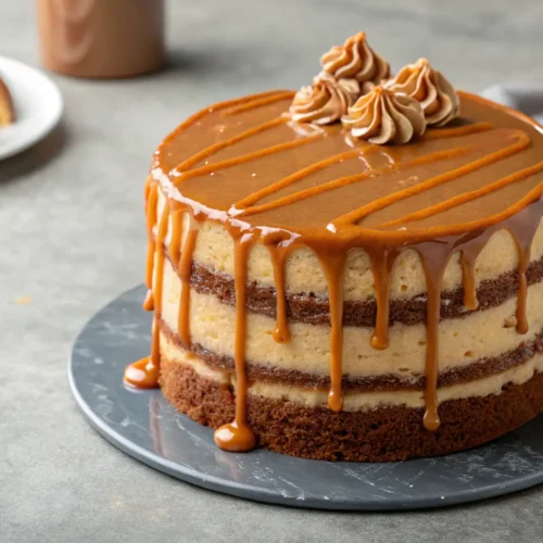 Gooey Caramel Cake Recipe for Dessert Lovers 2 Close-up of gooey caramel cake with rich caramel drizzle.