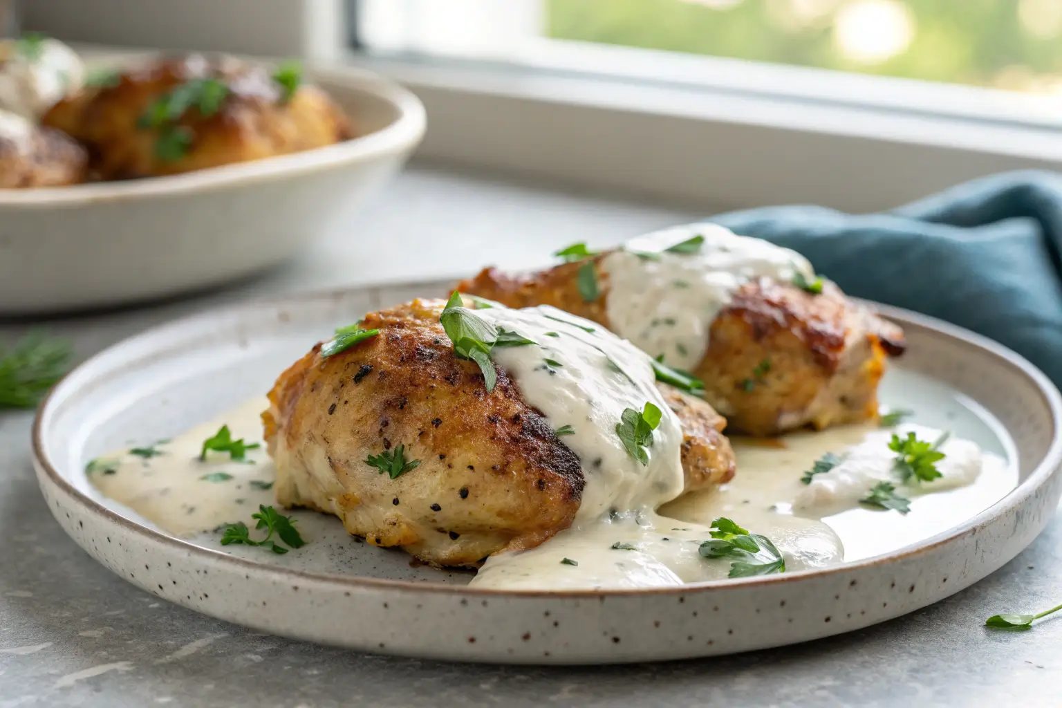 golden baked Greek chicken thighs with creamy yogurt marinade