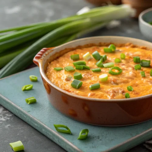 Creamy Halloween Buffalo Dip with green onions on top.