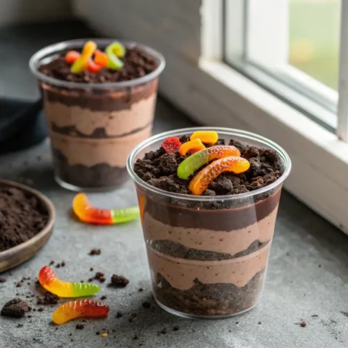 Halloween Dirt Cups Recipe for Kids 2 Halloween dirt cups with chocolate pudding and gummy worms.