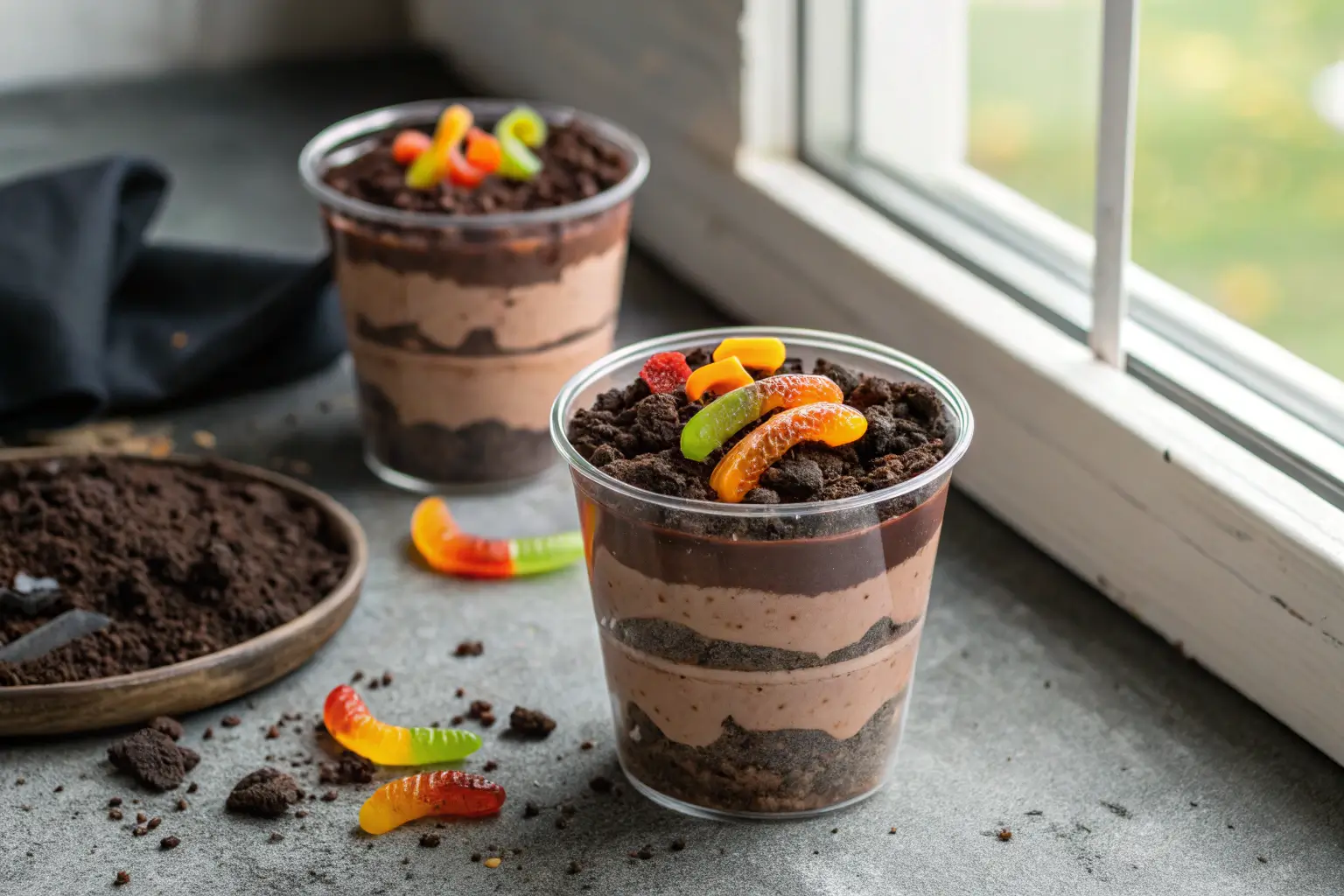 Halloween dirt cups with chocolate pudding and gummy worms.