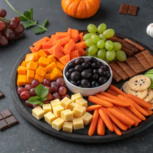 Halloween charcuterie board with colorful snacks arranged beautifully.