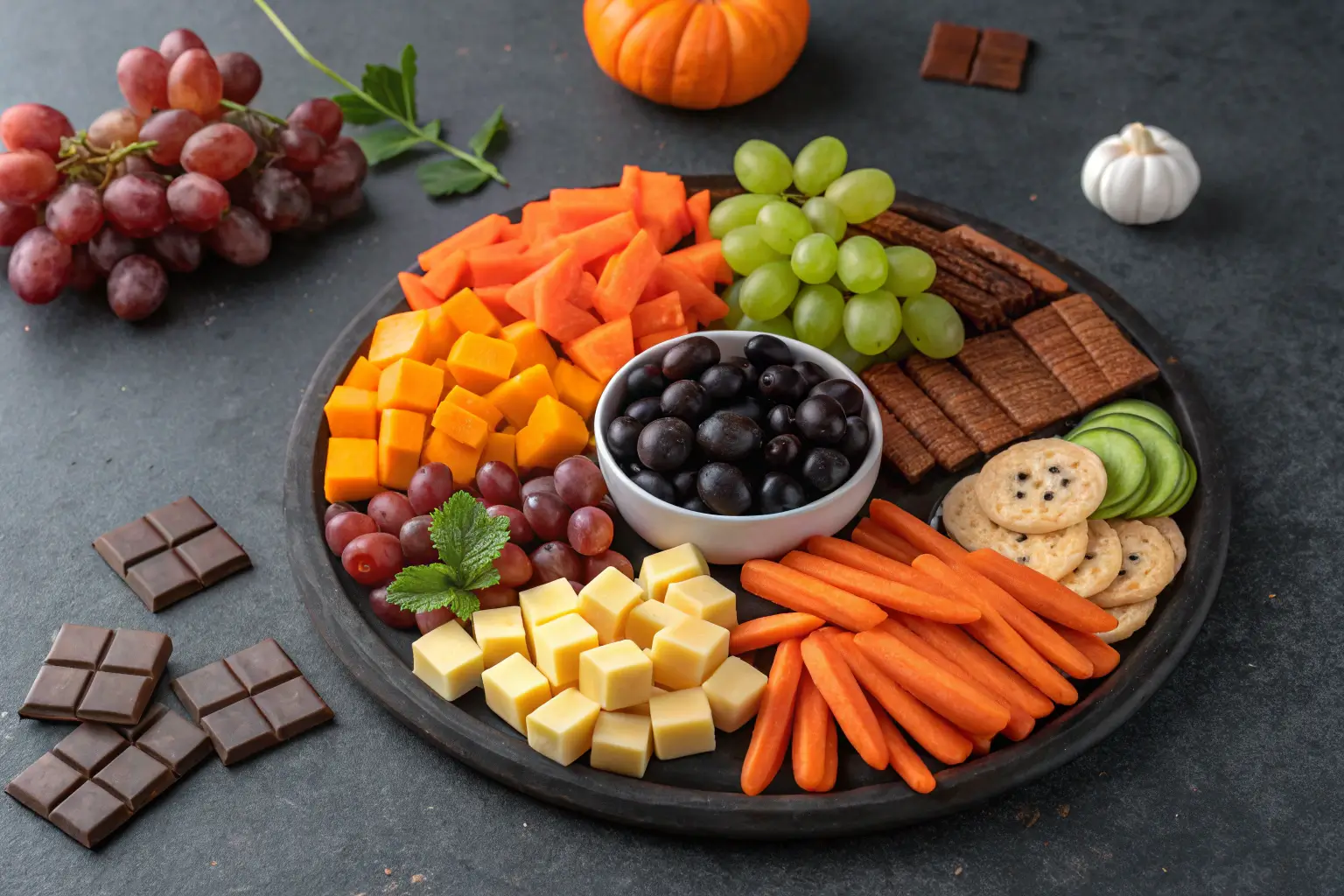 Halloween charcuterie board with colorful snacks arranged beautifully.