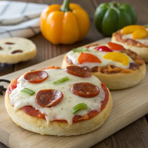 Close-up of Halloween mini pizzas with cheese and toppings.