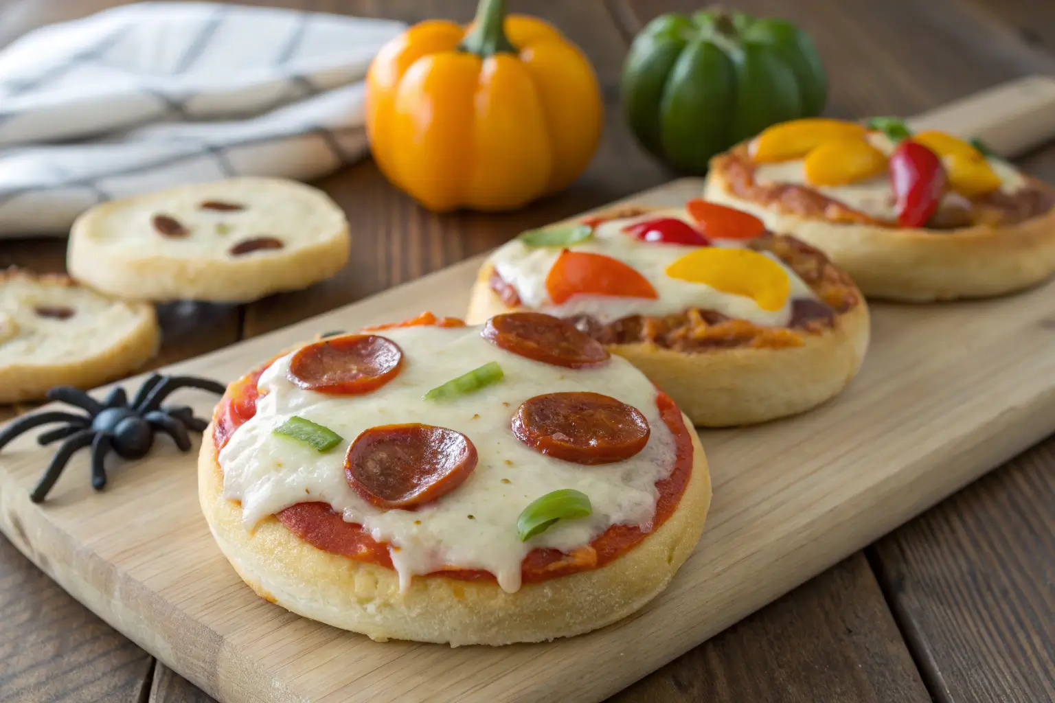 Close-up of Halloween mini pizzas with cheese and toppings.