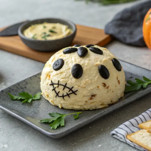 Halloween cheese ball with black olives on gray concrete