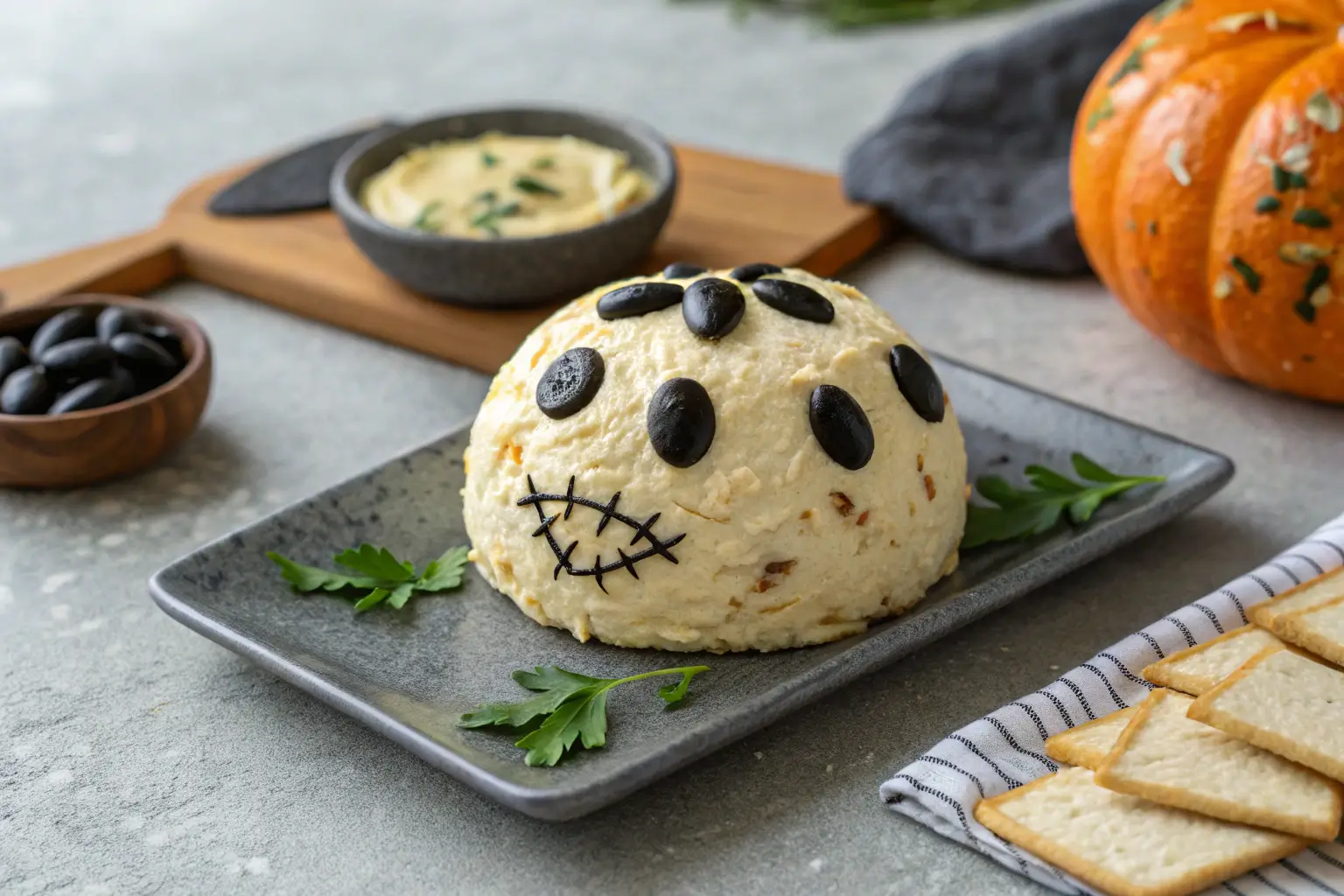 Halloween cheese ball with black olives on gray concrete