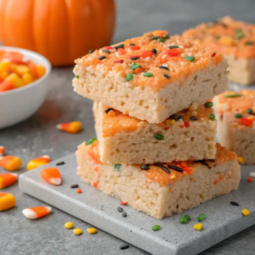 Close-up of Halloween Rice Krispie Treats with sprinkles.