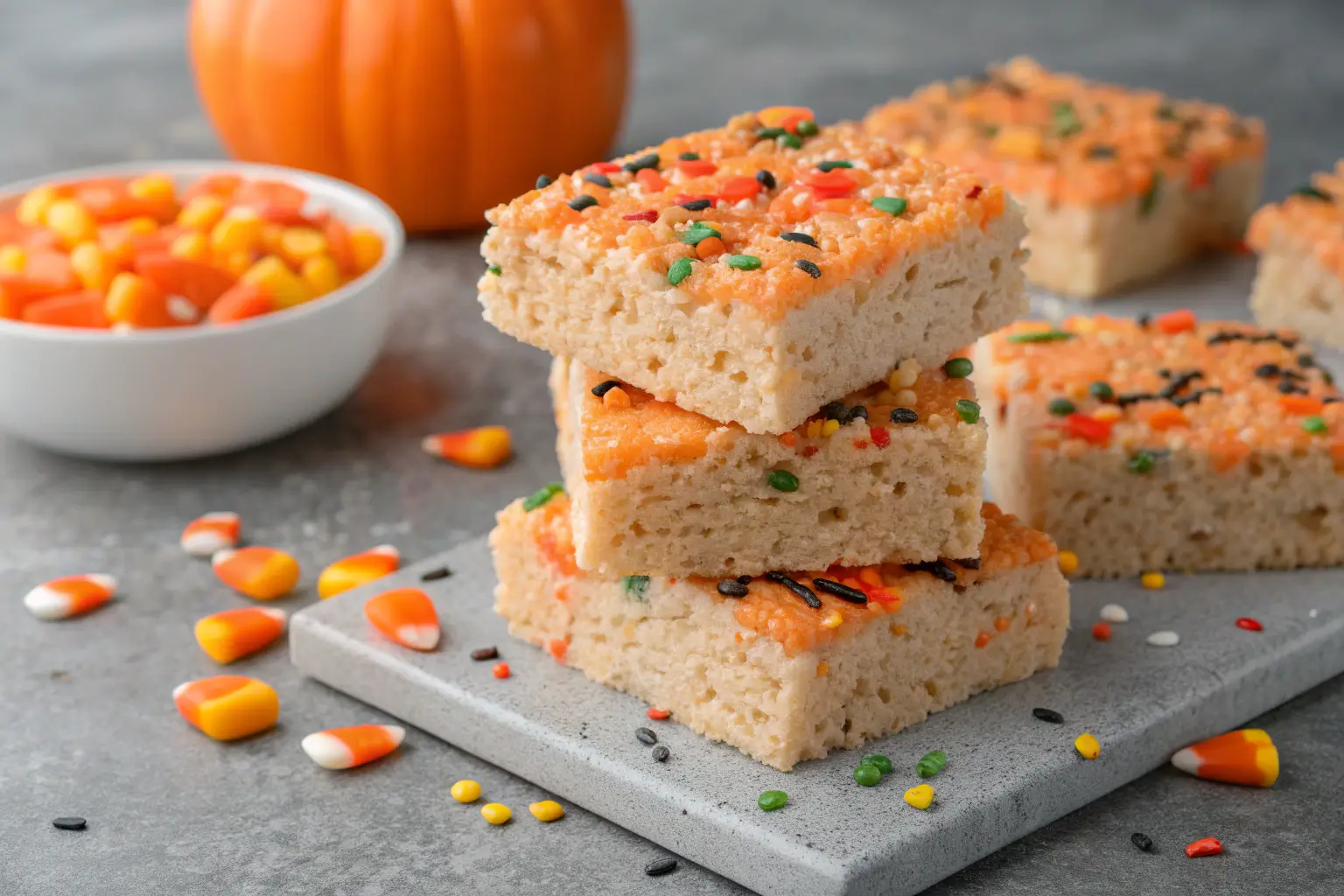 Close-up of Halloween Rice Krispie Treats with sprinkles.