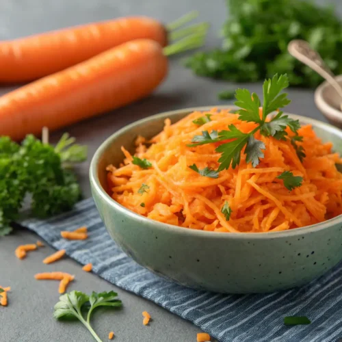 Close-up of smashed carrots with parsley on gray concrete.