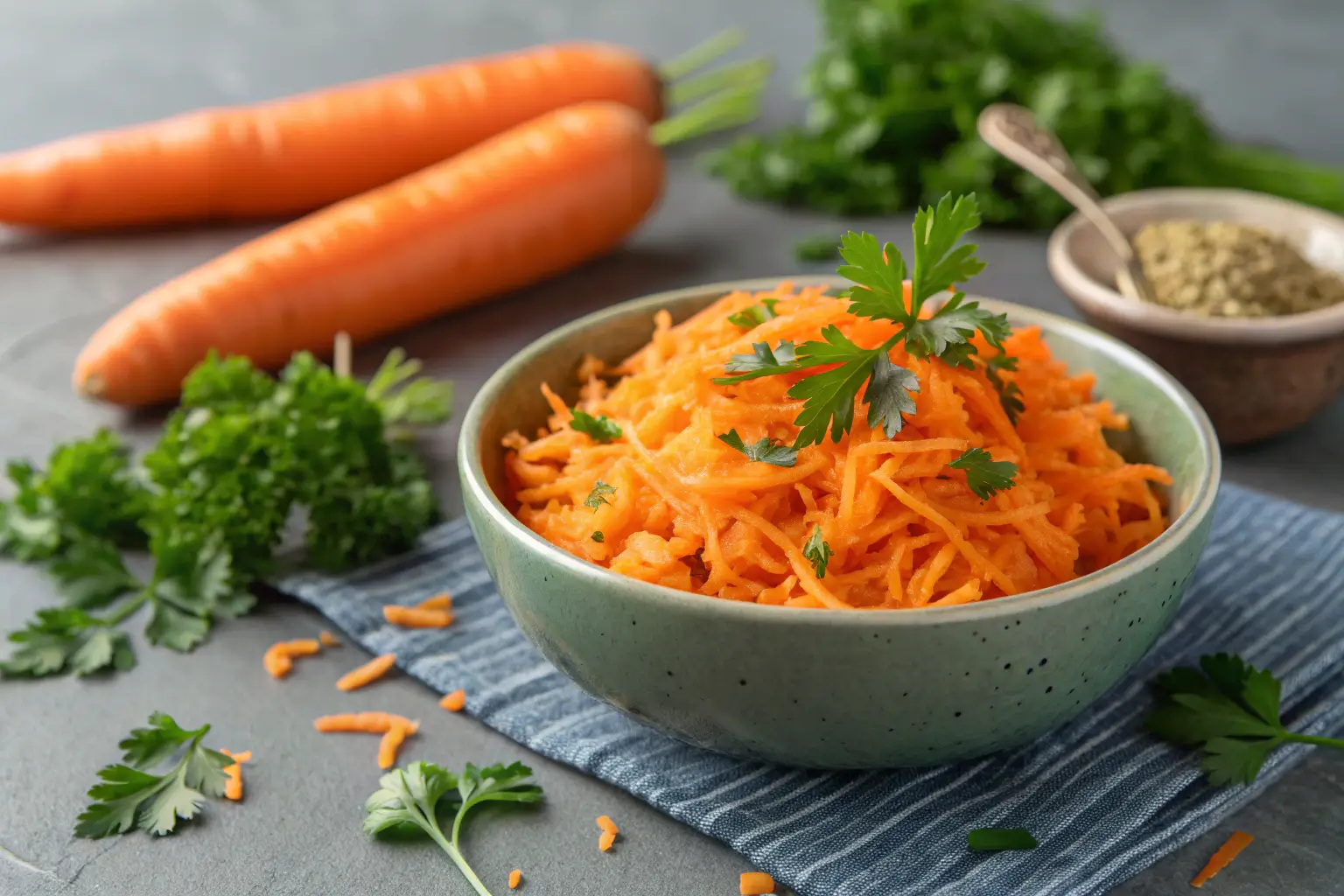 Close-up of smashed carrots with parsley on gray concrete.
