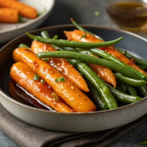 Honey glazed carrots and green beans on a gray tabletop.