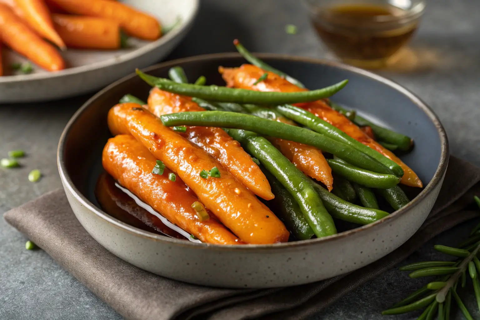 Honey glazed carrots and green beans on a gray tabletop.