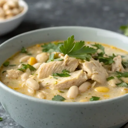 Instant Pot White Chicken Chili Recipe 2 Creamy white chicken chili in a bowl with cilantro garnish.