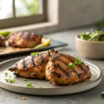 Juicy grilled Mediterranean chicken with golden sear marks on gray tabletop