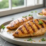 juicy grilled marinated chicken breasts with grill marks on gray tabletop