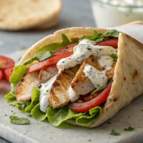 Mediterranean Chicken Gyros: Quick & Healthy 2 Close-up of Mediterranean Chicken Gyro with chicken and veggies.