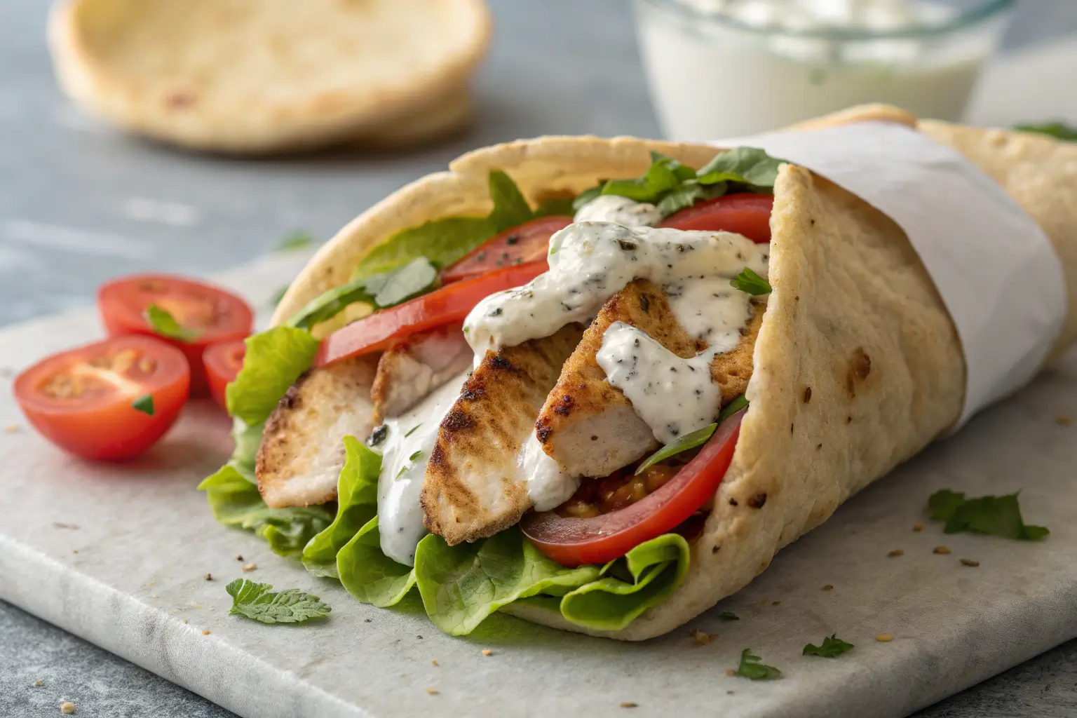 Close-up of Mediterranean Chicken Gyro with chicken and veggies.