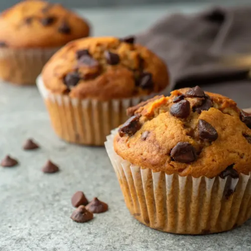 Close-up of moist pumpkin chocolate chip muffins on gray surface.