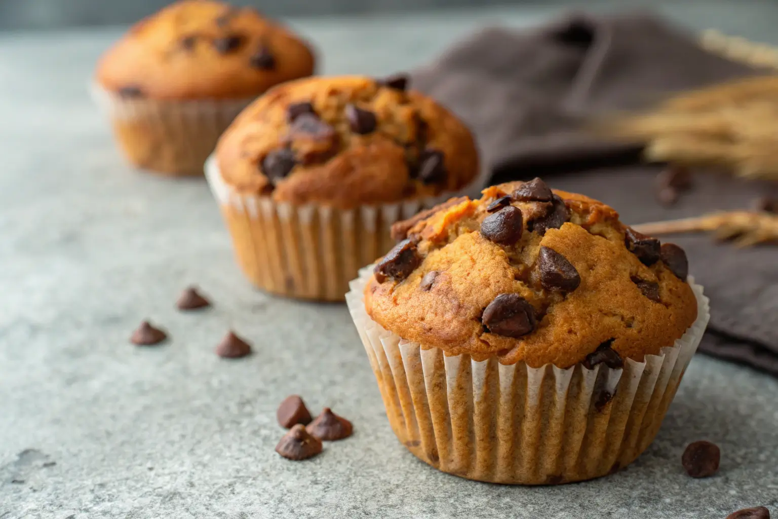 Close-up of moist pumpkin chocolate chip muffins on gray surface.