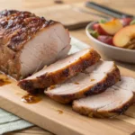 Sliced pork loin with apple mixture on a wood tabletop.
