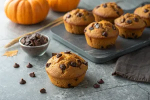 Close-up of Pumpkin Chocolate Chip Muffins on a gray surface.