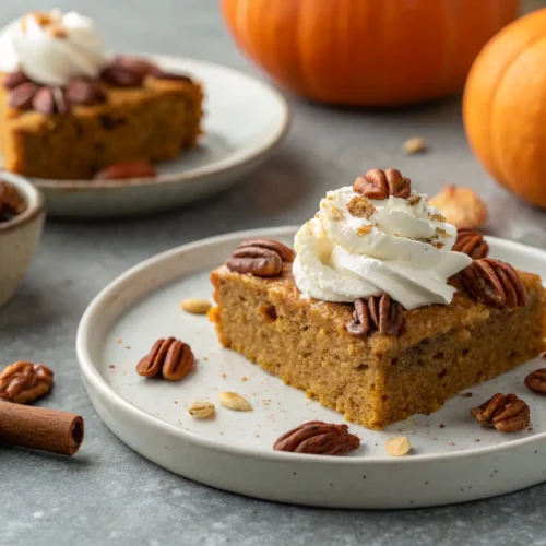 Pumpkin Desserts With Spice Cake Recipe 2 Slice of Pumpkin Desserts With Spice Cake on gray table.