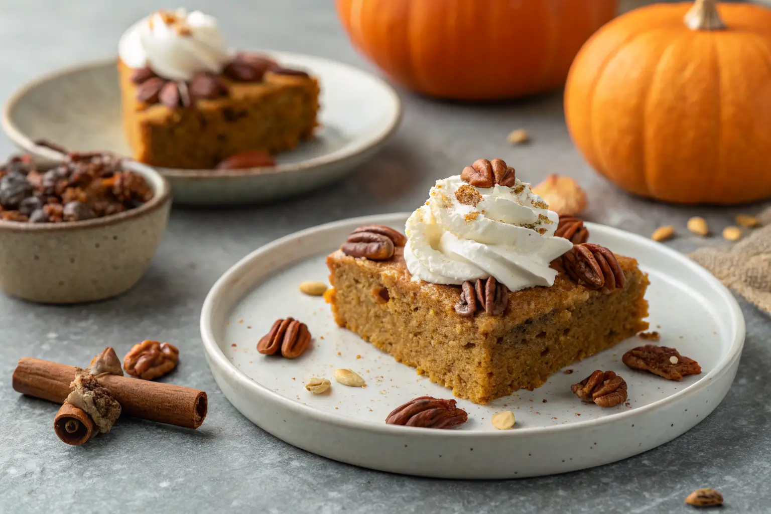 Slice of Pumpkin Desserts With Spice Cake on gray table.