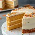 Close-up of a Pumpkin Velvet Cake with cream cheese icing.