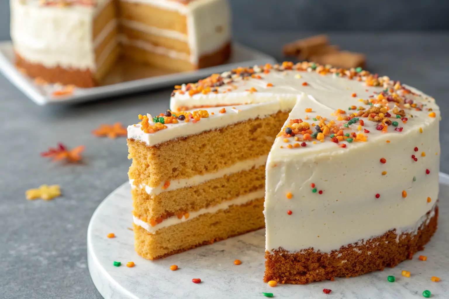 Close-up of a Pumpkin Velvet Cake with cream cheese icing.
