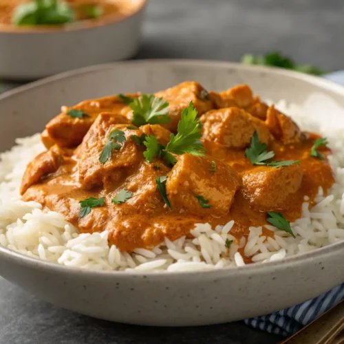 Quick & Easy Homemade Butter Chicken 2 Creamy butter chicken with rice on a gray background.
