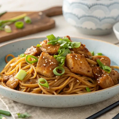 Close-up of Sticky Garlic Chicken Noodles with green onions.