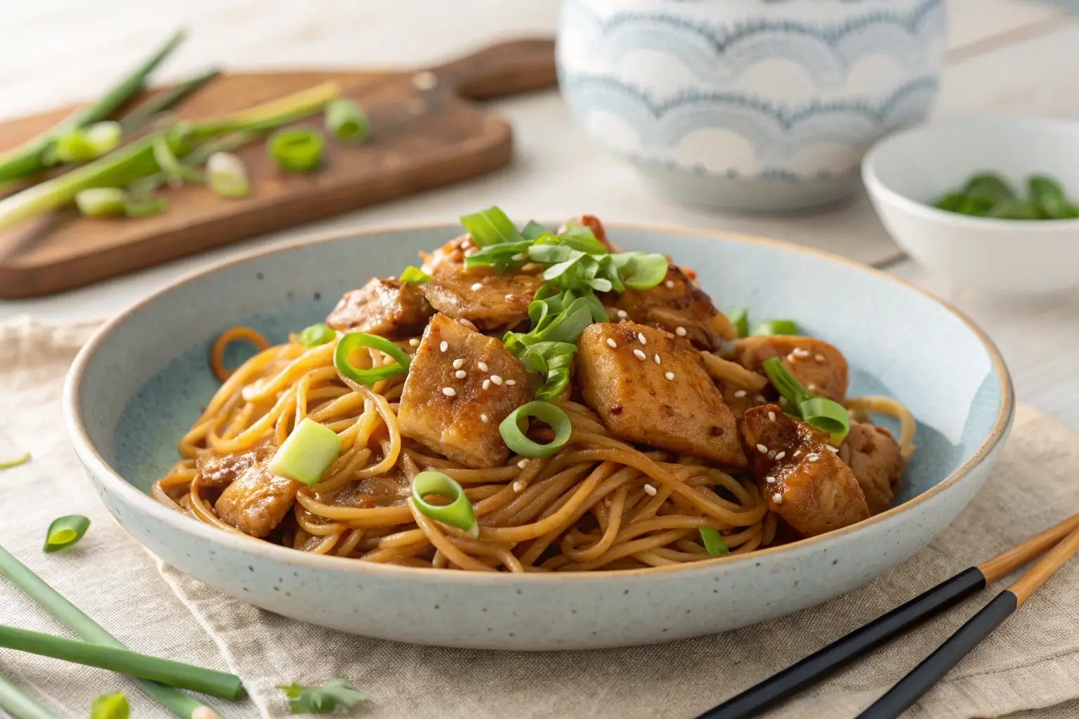 Close-up of Sticky Garlic Chicken Noodles with green onions.
