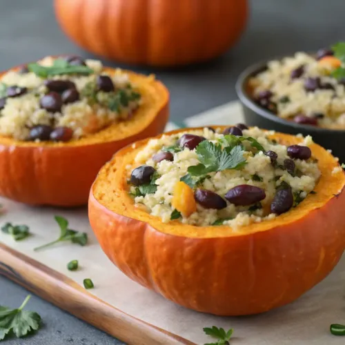Stuffed Mini Pumpkins for a Fall Side Dish 2 Stuffed mini pumpkins filled with quinoa and cheese.