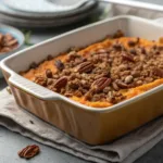 Creamy sweet potato casserole with crunchy pecan topping.