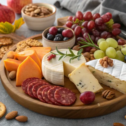 Thanksgiving cheese board with various cheeses and fruits.