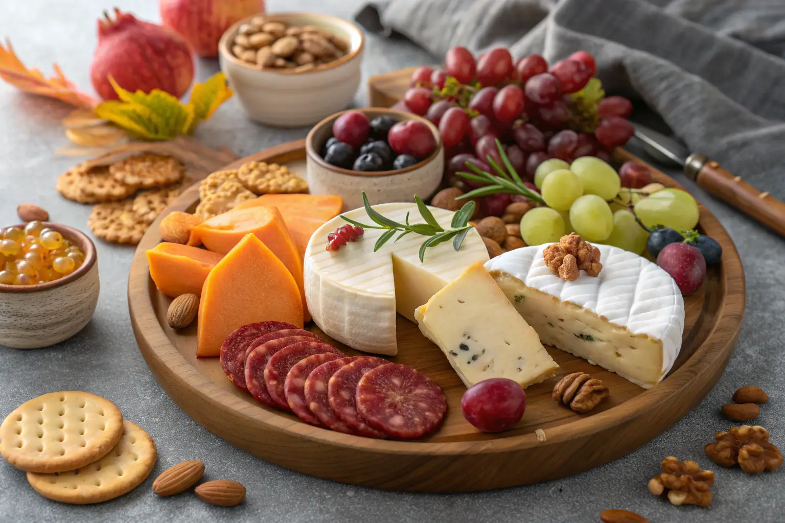 Thanksgiving cheese board with various cheeses and fruits.