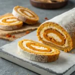 Vegan Gluten Free Pumpkin Roll on a gray concrete surface.