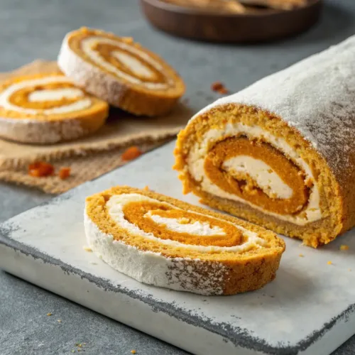 Vegan Gluten Free Pumpkin Roll on a gray concrete surface.