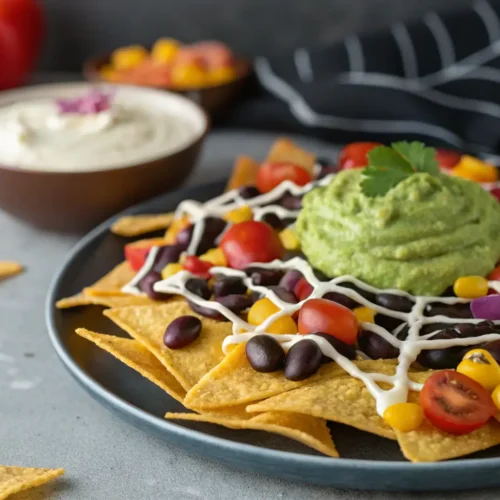 Vegan Halloween Nachos with Spider Web Guacamole on gray background