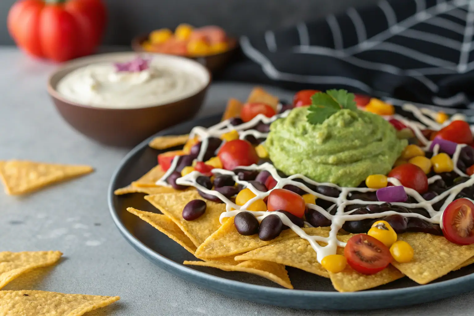 Vegan Halloween Nachos with Spider Web Guacamole on gray background
