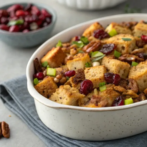 Vegan Thanksgiving Dinner Stuffing Recipe 2 Close-up of Vegan Thanksgiving Dinner Stuffing with cranberries and walnuts.