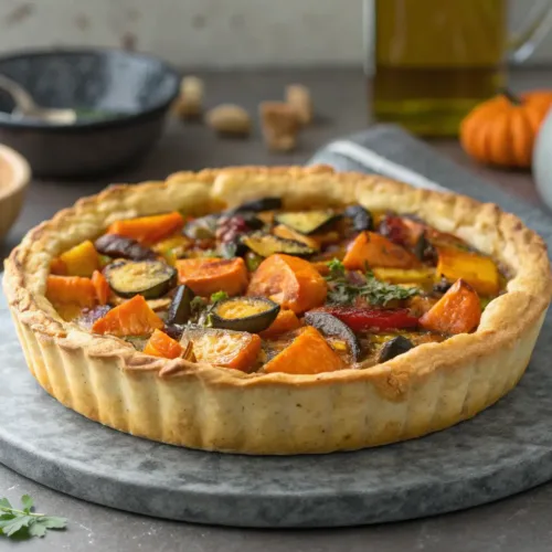 Vegetarian Pie with Roasted Autumn Vegetables 2 Vegetarian pie with roasted vegetables on a gray tabletop.