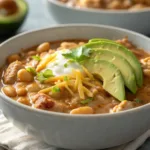White bean turkey chili with toppings in a bowl.