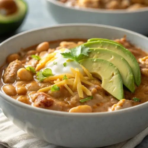 White bean turkey chili with toppings in a bowl.