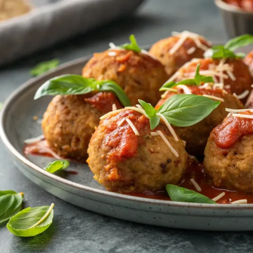 Baked meatballs with marinara sauce and fresh basil garnish