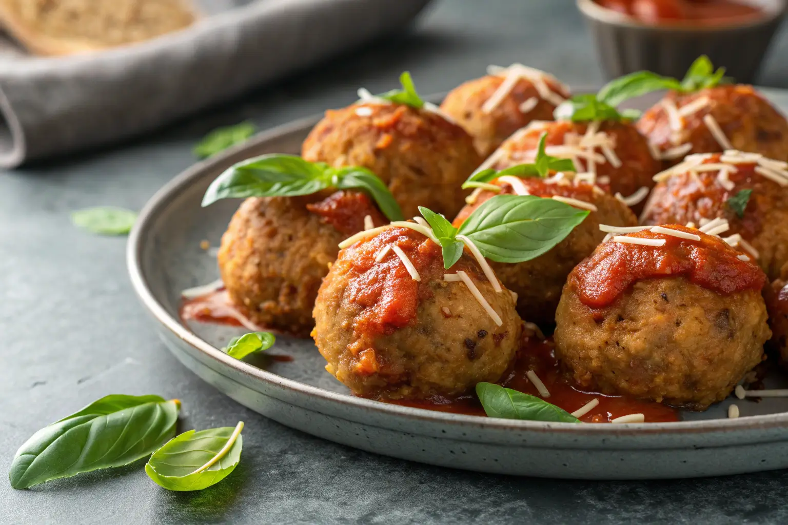Baked meatballs with marinara sauce and fresh basil garnish