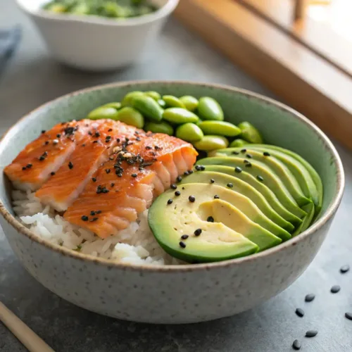 baked fish recipes โ Baked Salmon Sushi Bowl Recipe for Quick and Healthy Dinners 2 Baked salmon sushi bowl with avocado and edamame on rice