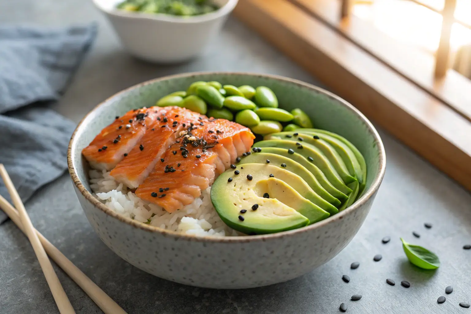 Baked salmon sushi bowl with avocado and edamame on rice